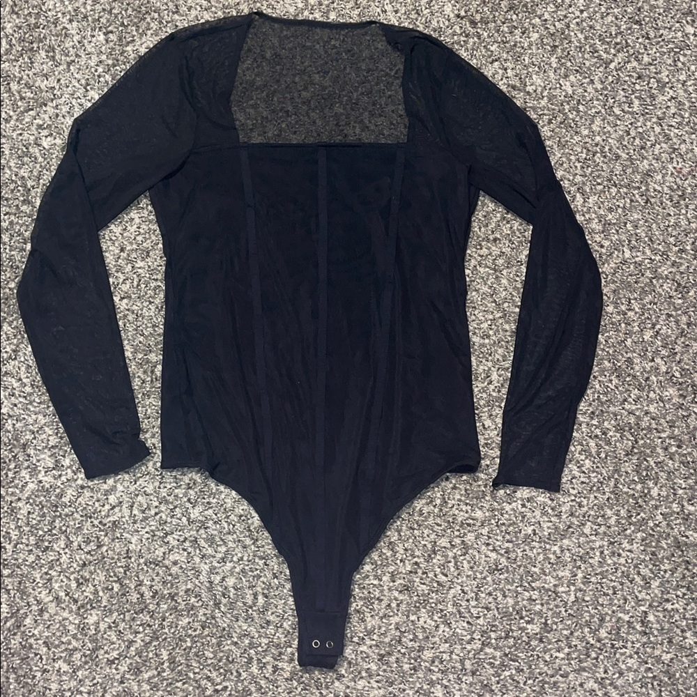 Abercrombie and Fitch Squareneck Corset Bodysuit Size L Black Sheer Long Sleeve